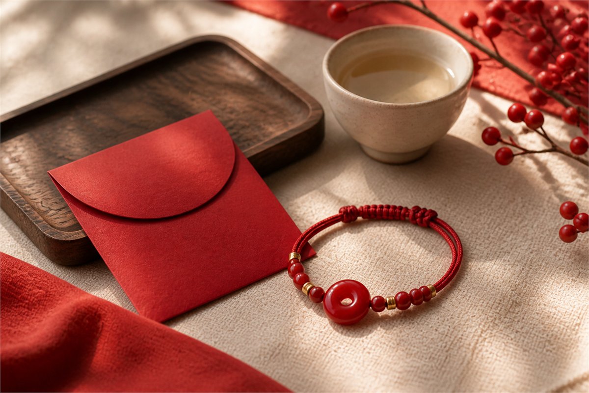Red chalcedony bracelet beside a blank red envelope, wooden tray, and ceramic tea cup