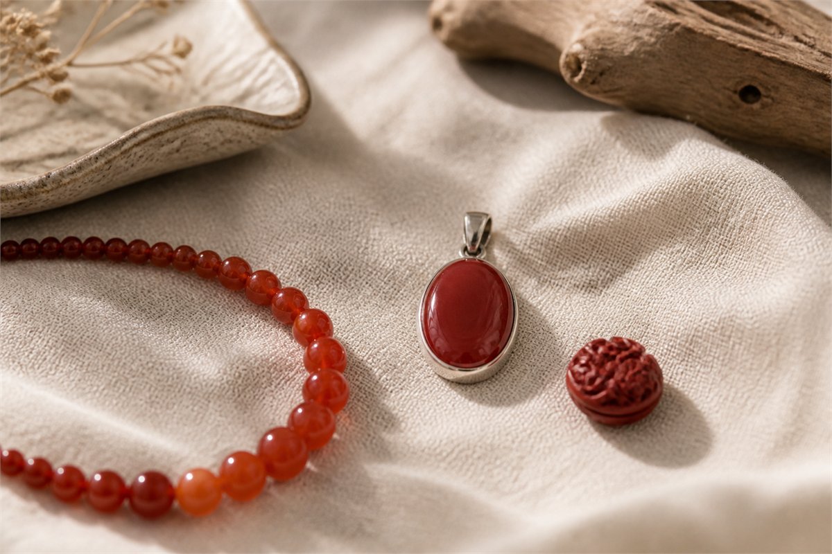 Red chalcedony pendant, graduated bead strand, and small carving displayed separately on linen