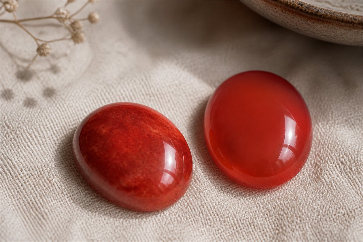 Two red chalcedony cabochons showing granular and more even translucent color