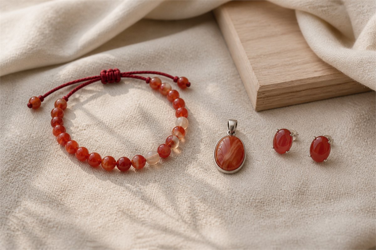 Red chalcedony bracelet, pendant, earrings, and loose beads arranged separately on linen