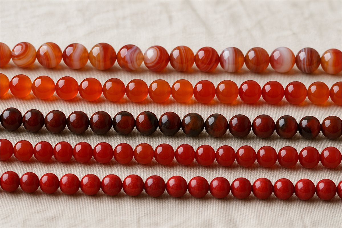 Five securely strung red chalcedony bead samples with different banding, color, and translucency