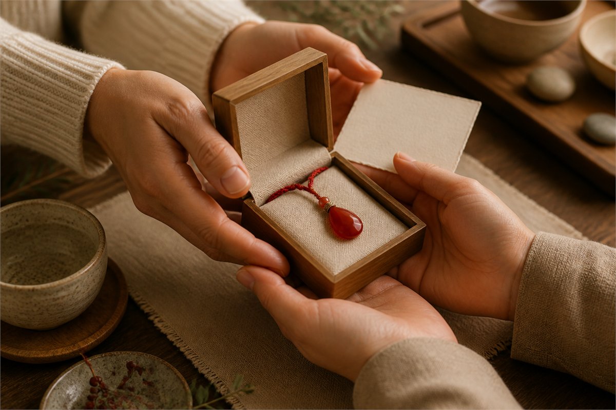 Two people exchanging a linen-lined wooden box with a red chalcedony pendant