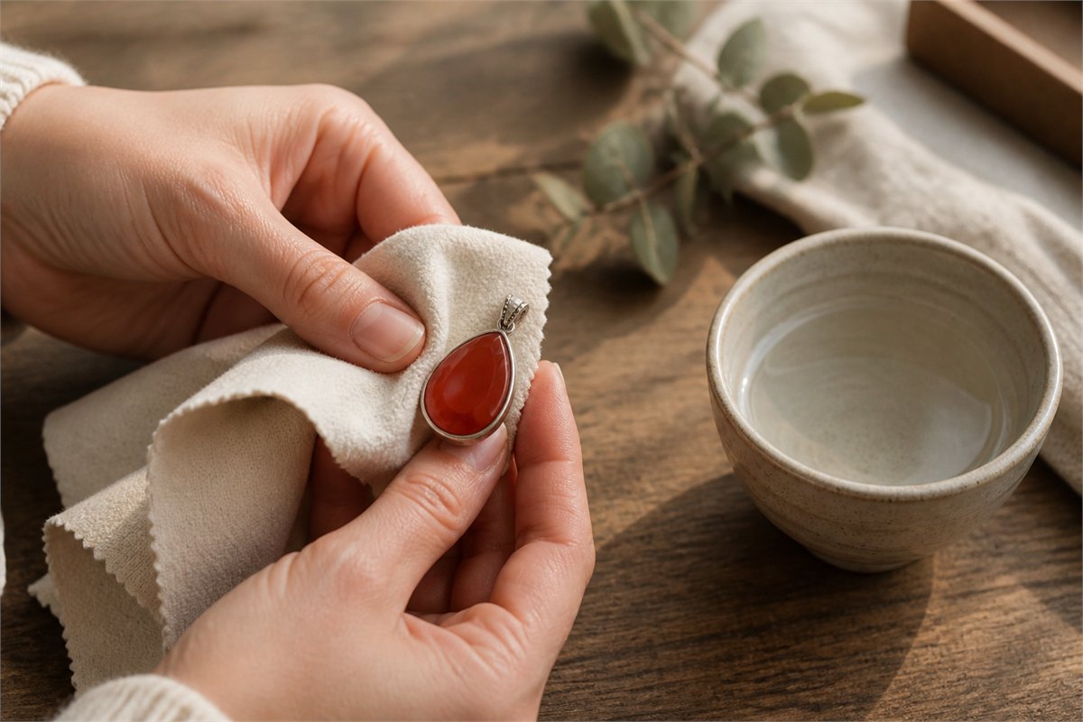 Hands wiping a red chalcedony pendant with a clean soft ivory cloth