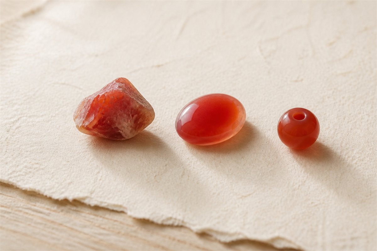 Red chalcedony rough fragment, polished cabochon, and drilled bead on ivory linen