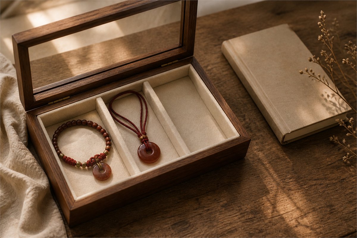 Red chalcedony bracelet and pendant stored in separate soft compartments of a wooden jewelry box