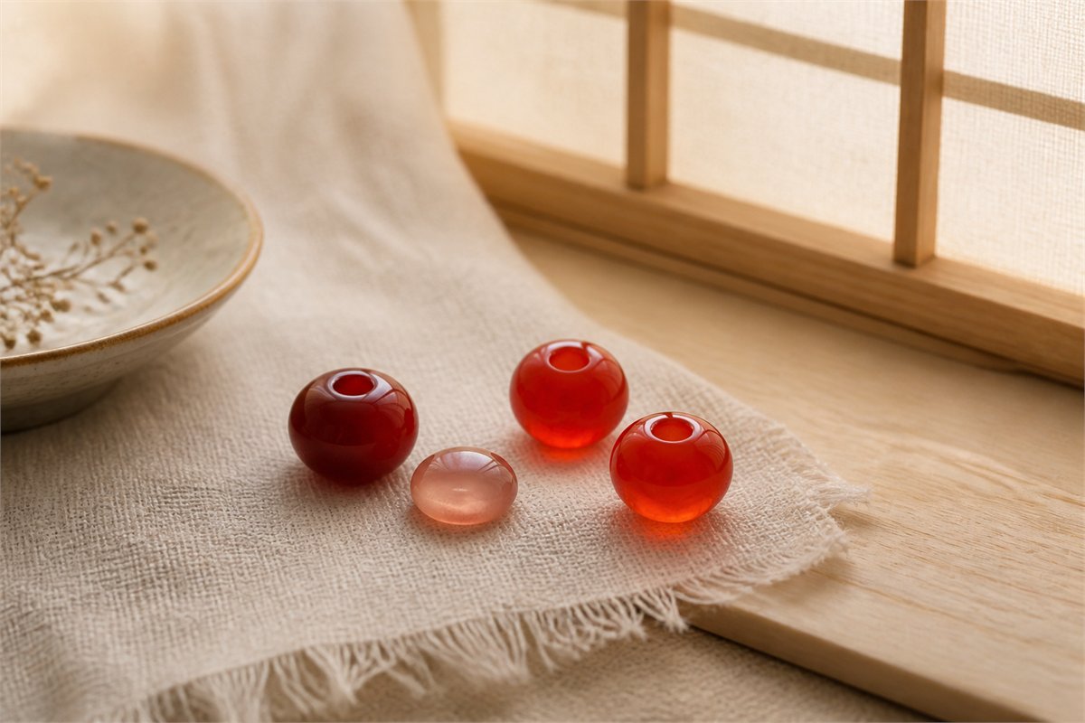 Red chalcedony beads and a pale cabochon showing varied density and translucency in daylight