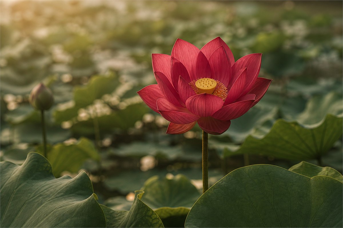 Deep rose-red sacred lotus above green round leaves in warm morning light