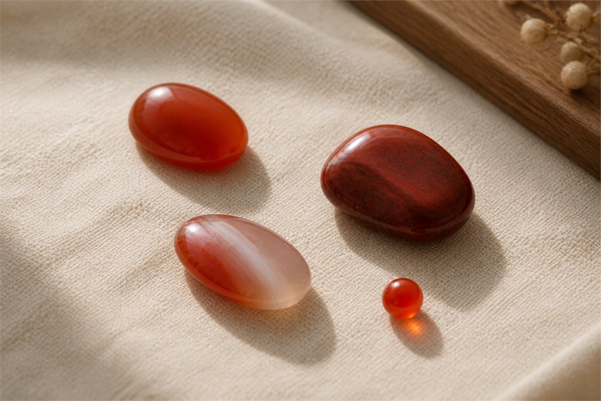 Four separated polished red materials with translucent, banded, opaque, and glass-like appearances