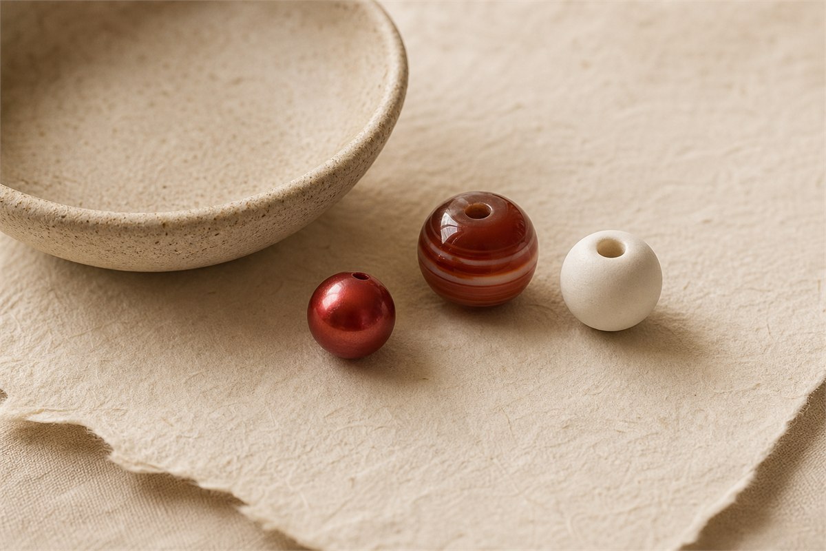 Red pearl-like bead, polished red-brown banded agate bead, and matte white ceramic bead beside a neutral ceramic dish