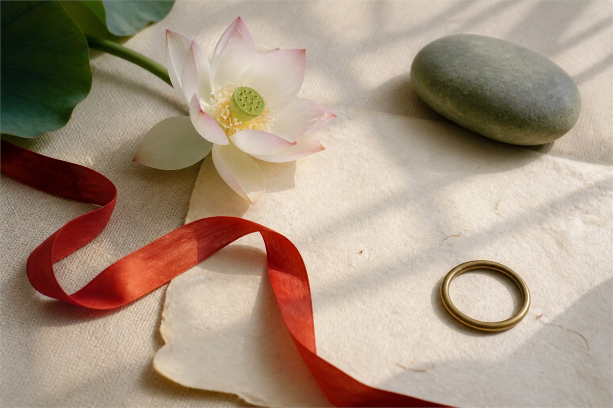 Pale lotus, red silk ribbon, brass ring, and river stone arranged on warm handmade paper
