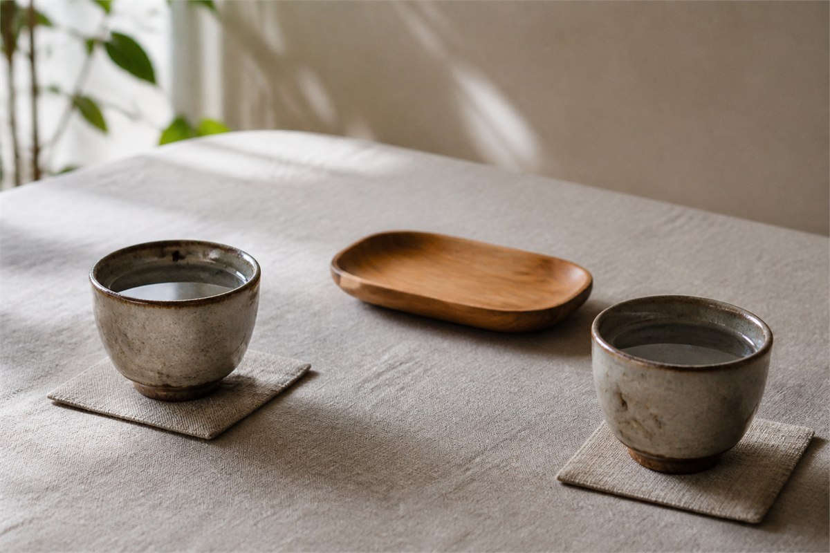 Two ceramic cups of water on separate linen coasters with an empty wooden tray between them
