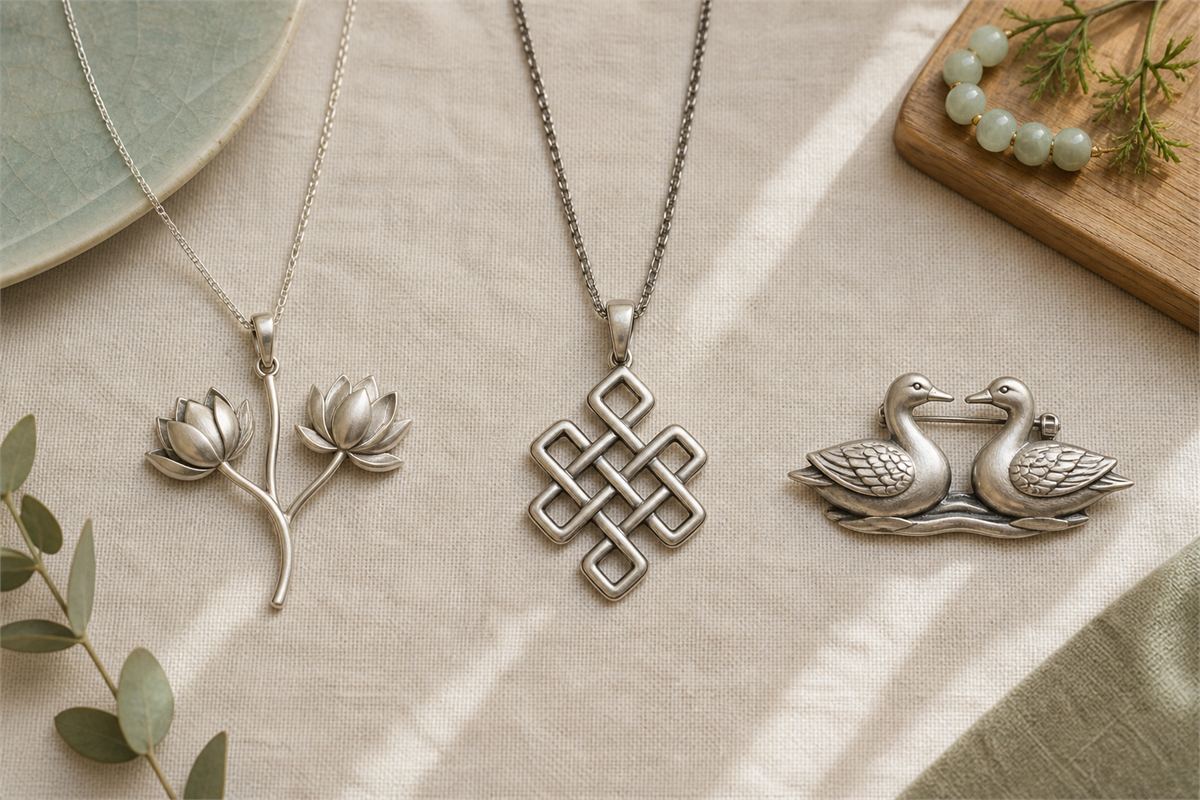Twin-lotus pendant, interlacing knot pendant, and paired-bird brooch displayed separately