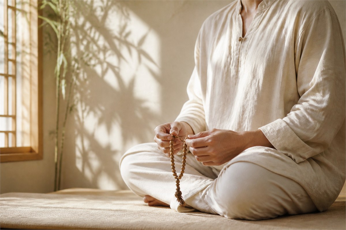 Seated person loosely holding a plain wooden mala in a softly lit room