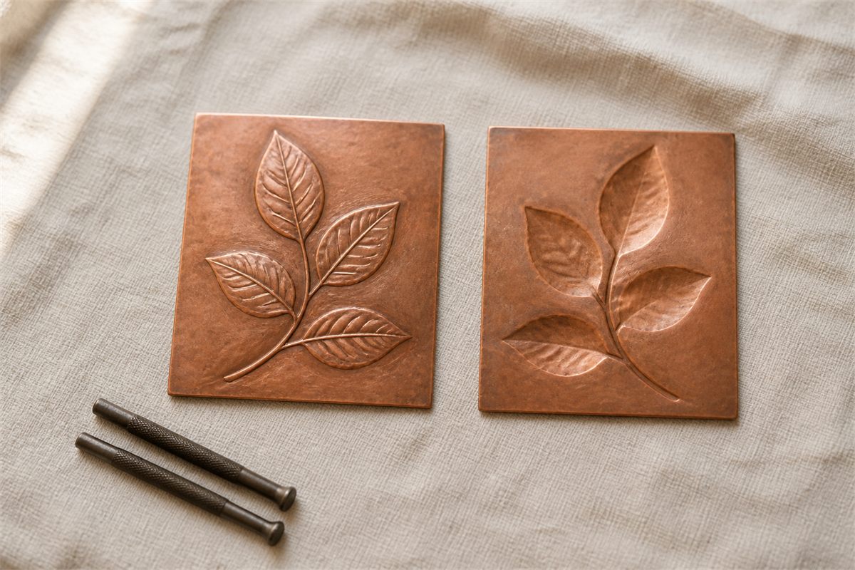 Matching copper leaf relief shown from the raised front and corresponding recessed reverse beside two chasing punches