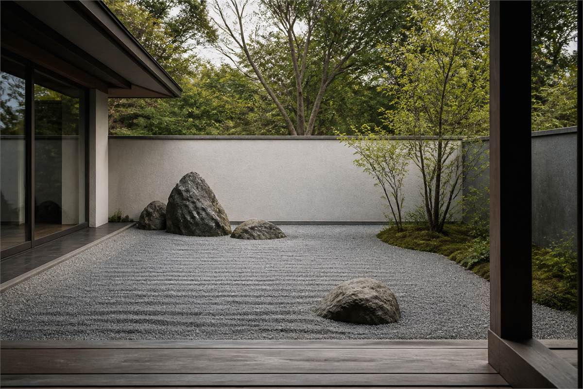 Restrained residential dry garden with raked gravel, grounded stones and open space