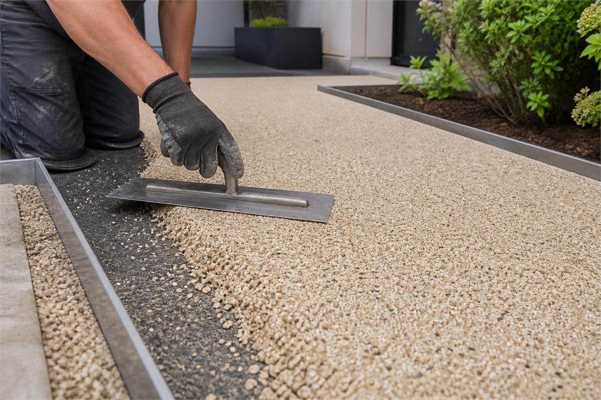 Installer troweling a resin-bound aggregate surface beside a prepared edge