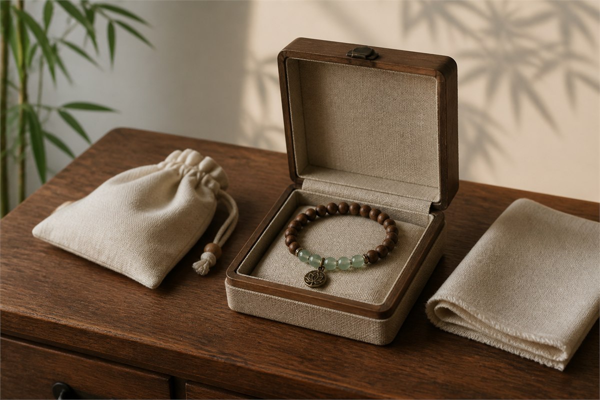 Bracelet resting in a clean lined jewelry box beside a soft pouch