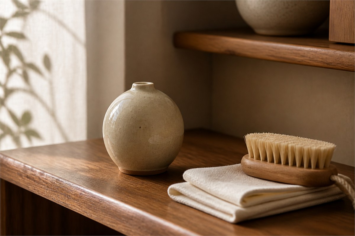 Rounded ivory ceramic object beside a folded cotton cloth and natural-bristle brush on a wooden shelf.