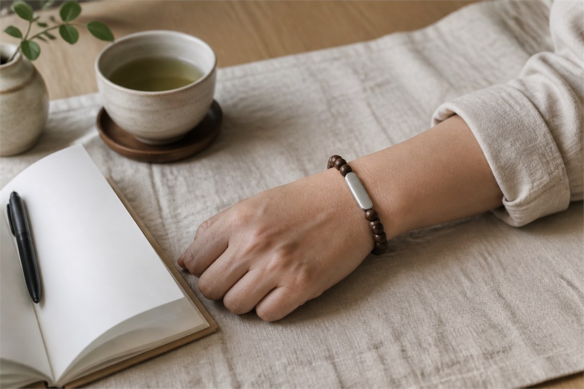 Adult wrist wearing a dark wooden bead bracelet with a small blank silver plate beside a journal and tea
