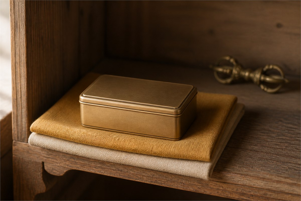 Plain closed metal amulet box on folded cloth with a small vajra softly out of focus