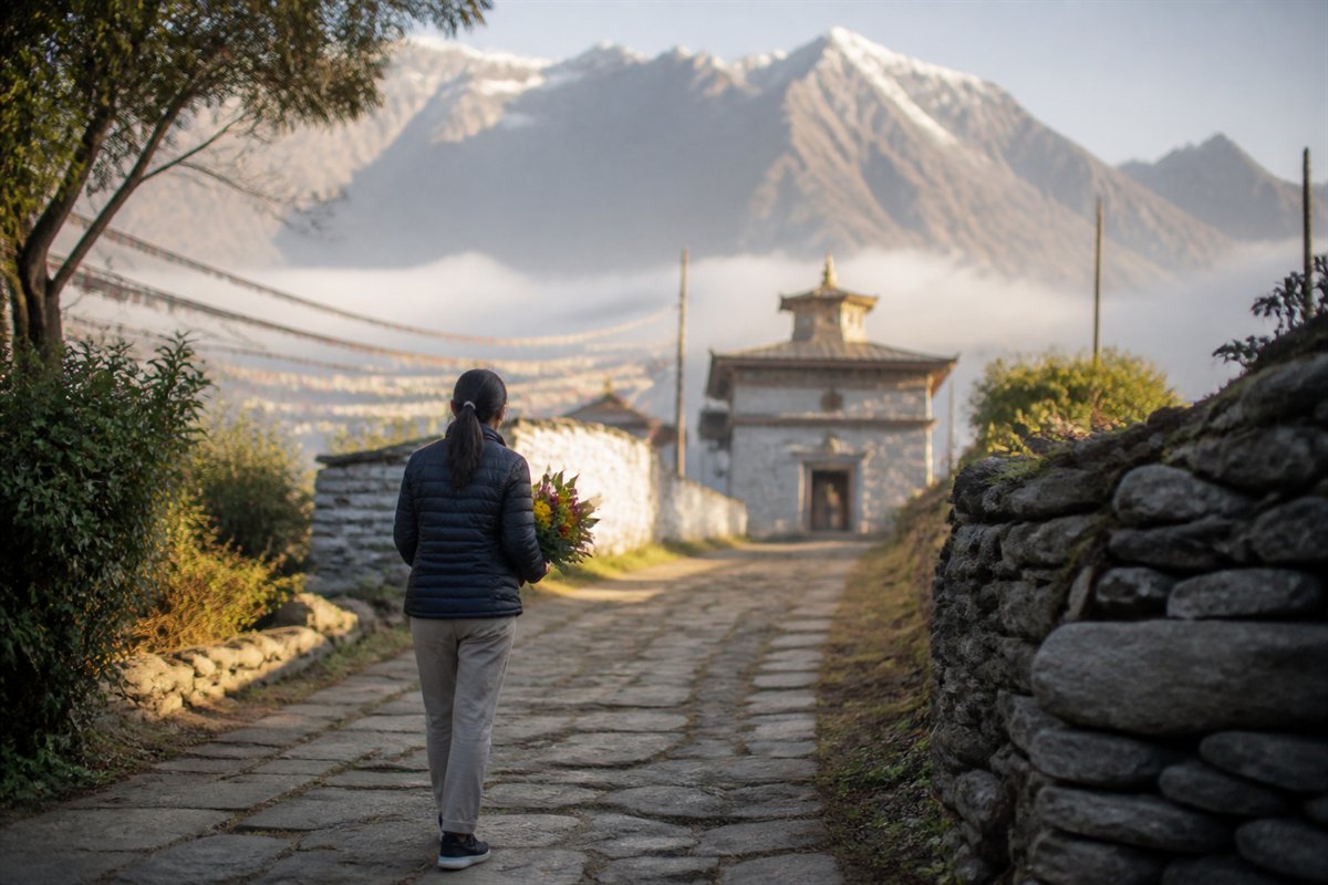 Visitor carrying flowers along a mountain path toward a small cultural center