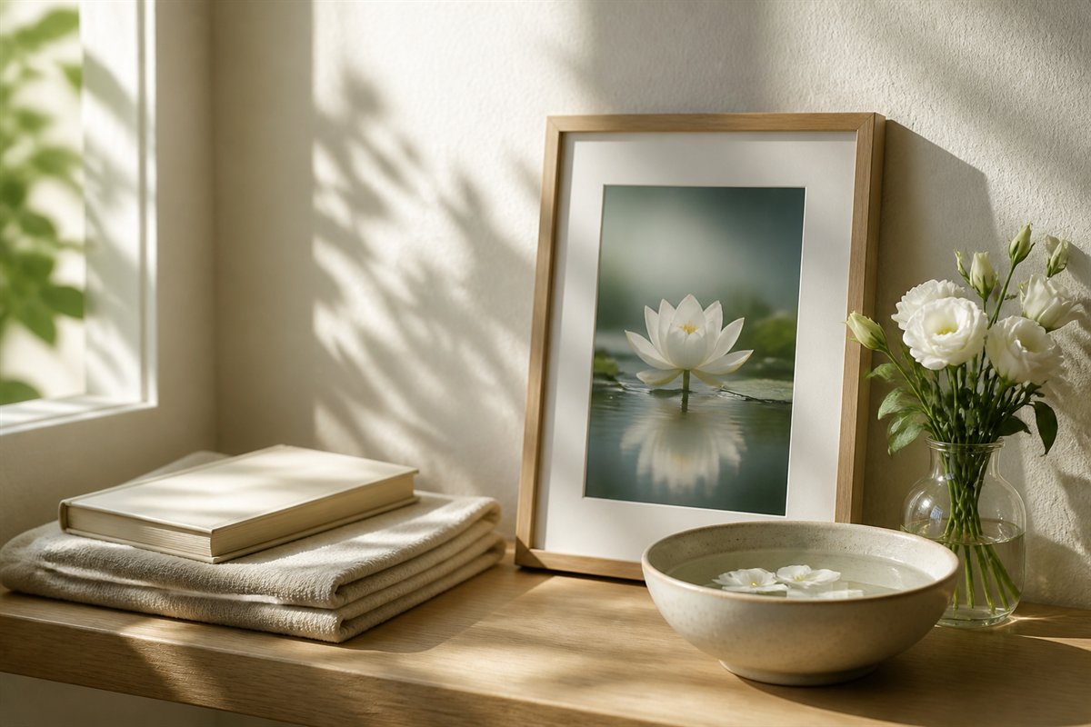Clean home table with lotus flowers, a bowl of water, and a closed blank book