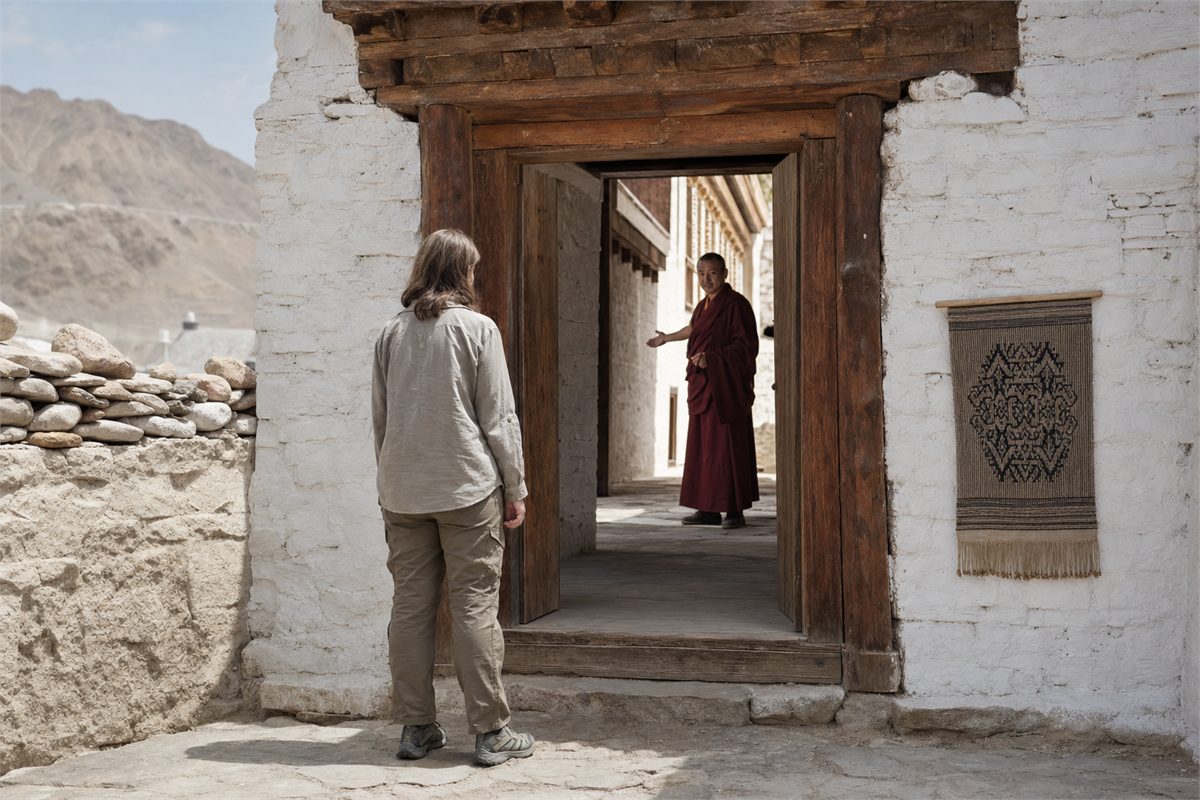 Adult visitor seen from behind pausing at a timber monastery doorway while a distant robed guide welcomes them