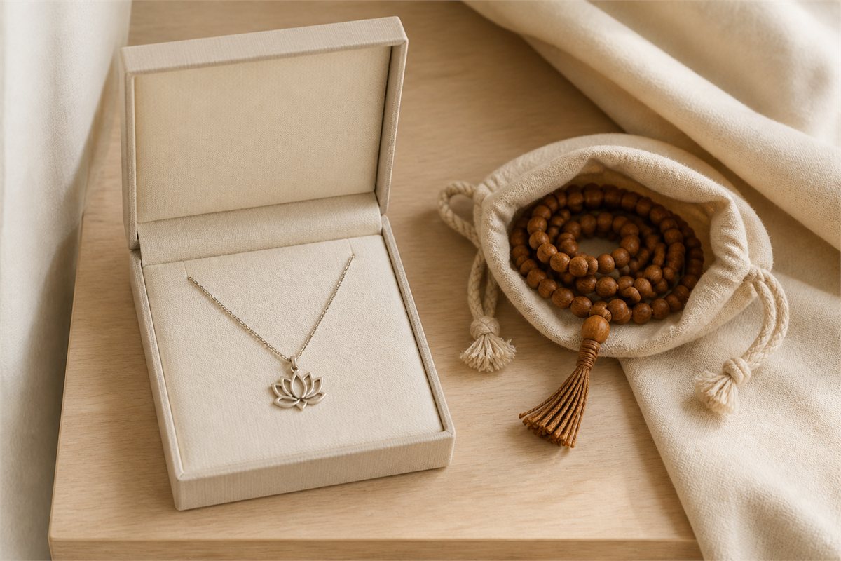 Lotus necklace in a cream jewelry box and wooden prayer beads coiled separately in a soft pouch