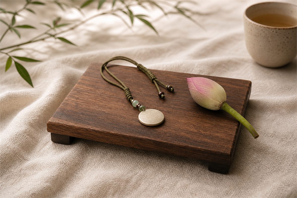 Plain pendant placed on a raised wooden tray beside a closed lotus bud and ceramic cup