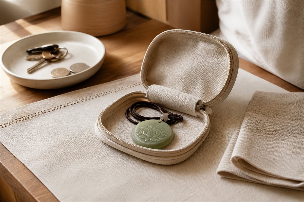 Lotus pendant and coiled cord protected inside an open soft-lined pouch with keys stored separately