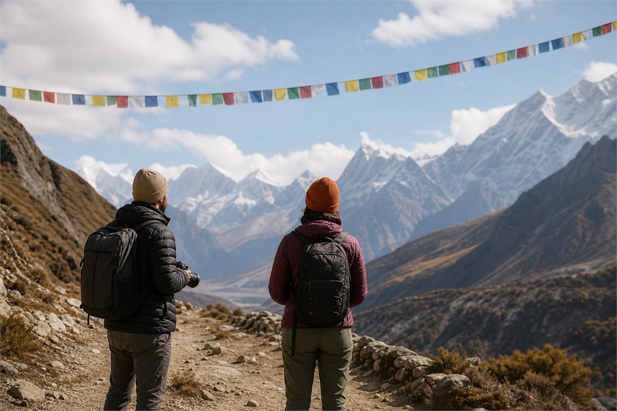 Two travelers observing prayer flags from a mountain path without touching them