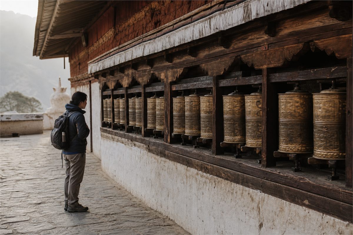 Visitor observing a row of brass prayer wheels in a monastery courtyard