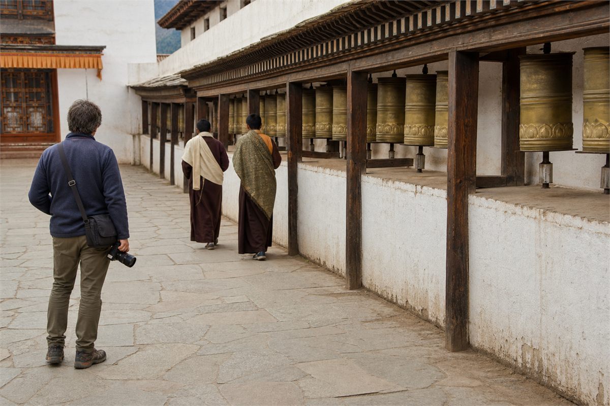 Visitor standing aside with a lowered camera while practitioners continue beside prayer wheels