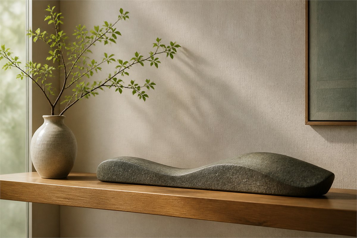Abstract horizontal stone sculpture on an elevated wooden shelf beside a ceramic vase and green branch