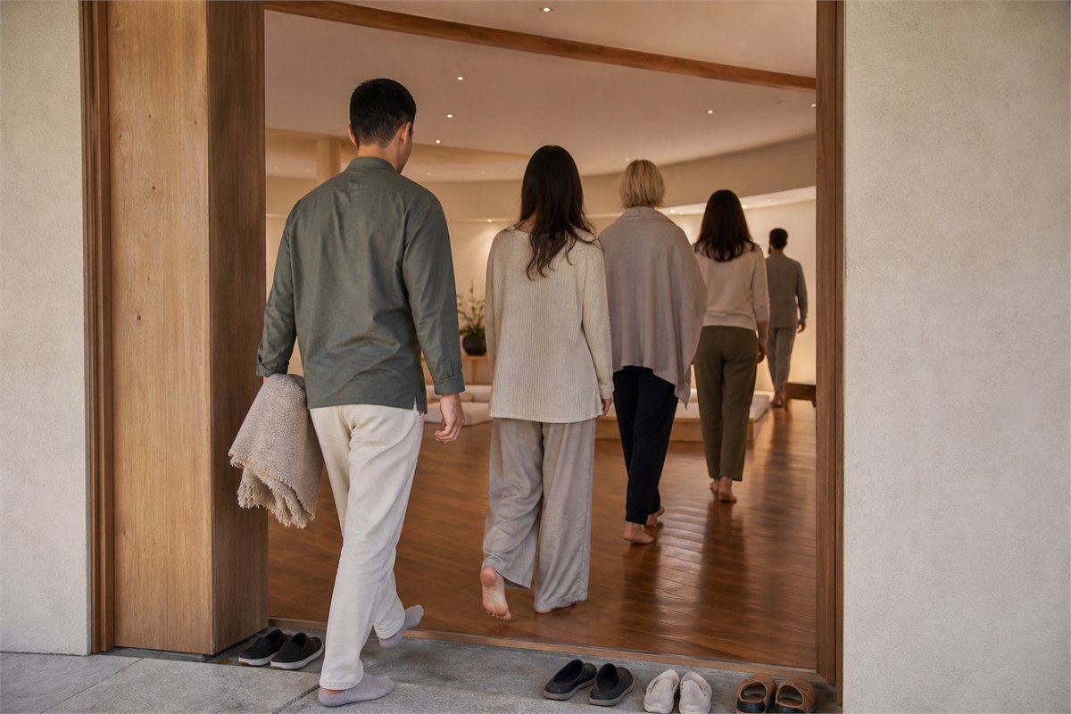 Small group entering a simple meditation hall in varied modest clothing with shoes at the threshold
