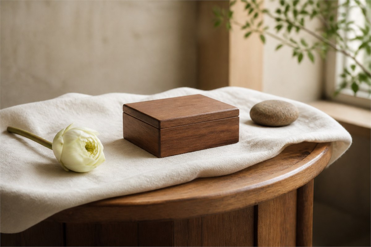 Small closed wooden keepsake box on clean linen with a lotus flower and smooth stone