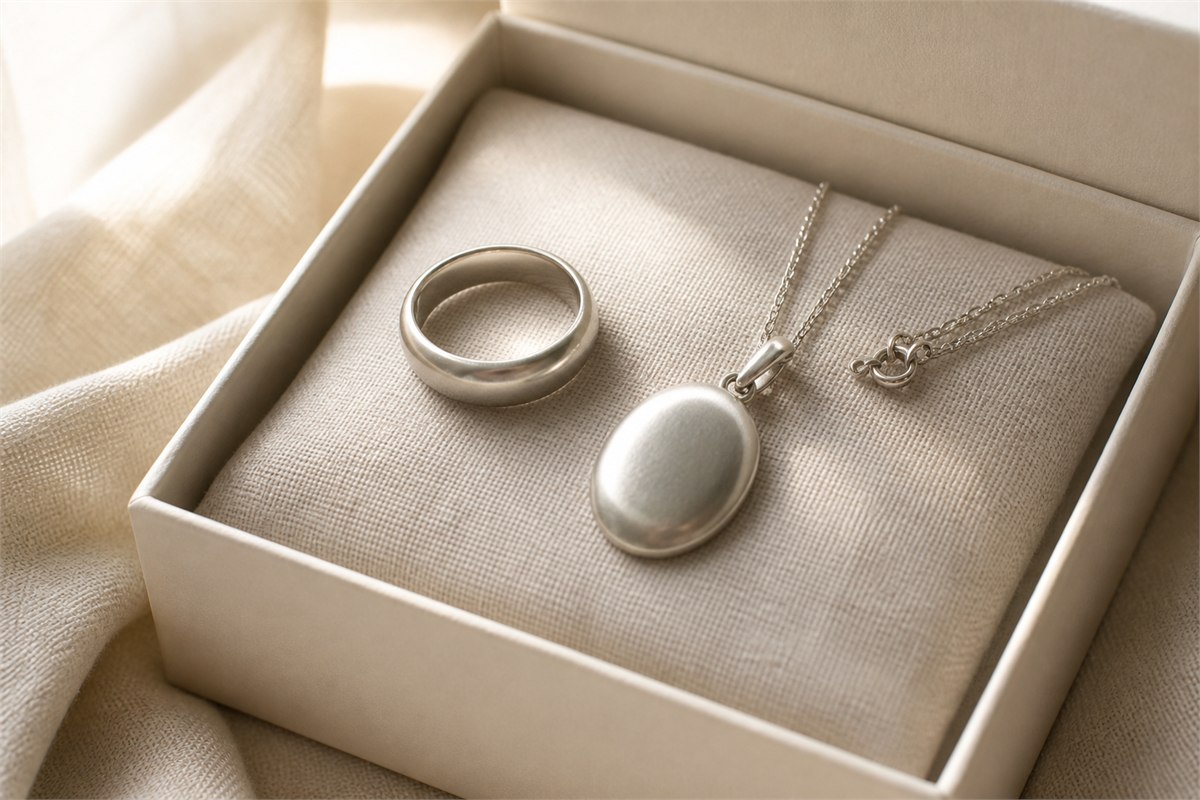 Plain silver-toned ring and pendant stored on raised linen in a cream box