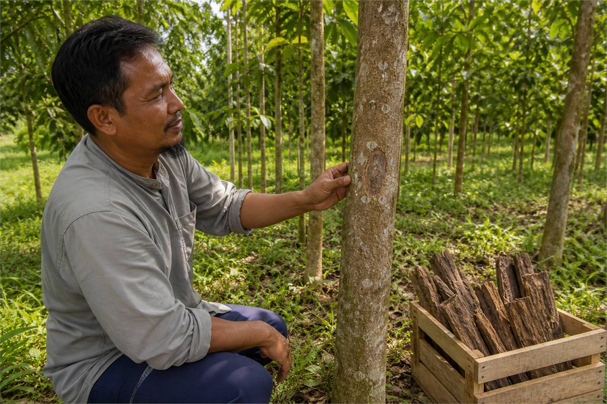 Grower inspecting a healed tree trunk in a managed tropical plantation with resin-bearing wood stored in a clean crate