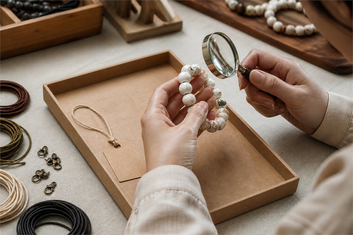 Adult examining a finished bone bead bracelet with a magnifier beside cord and clasp samples