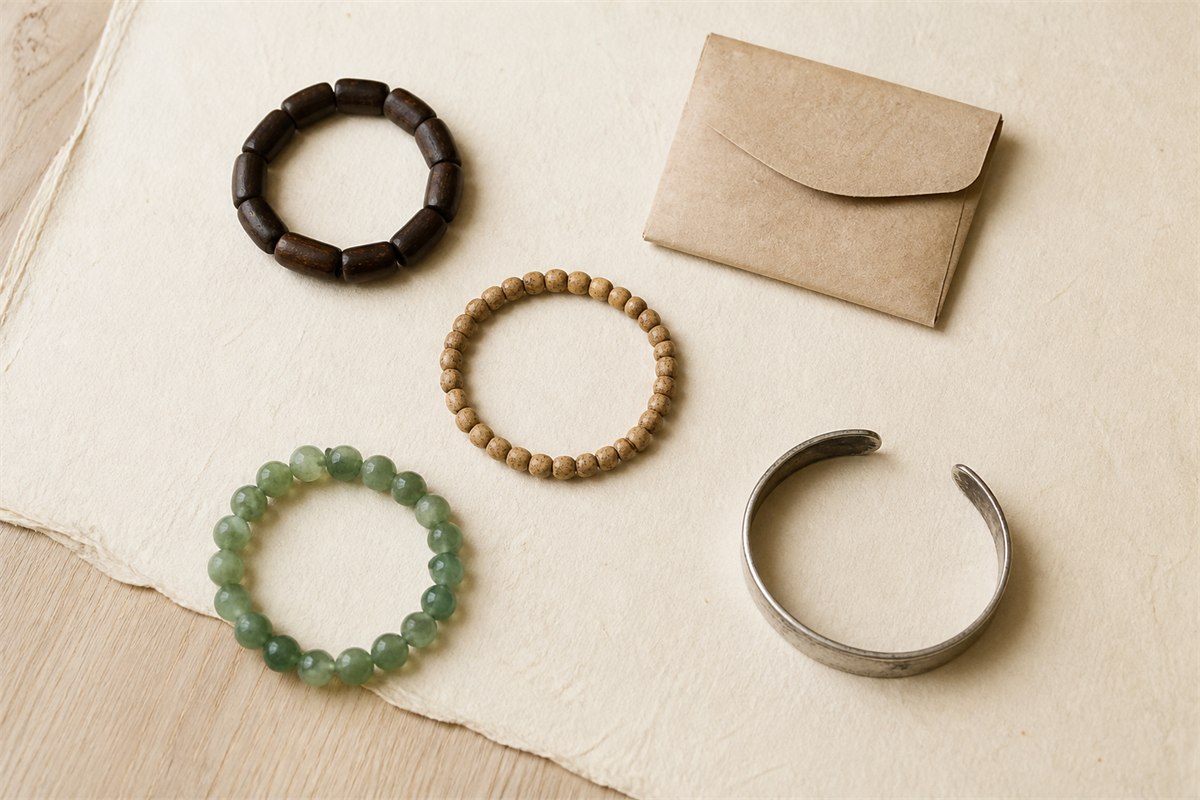 Wood, seed, green stone, and silver bracelet options beside a paper pouch