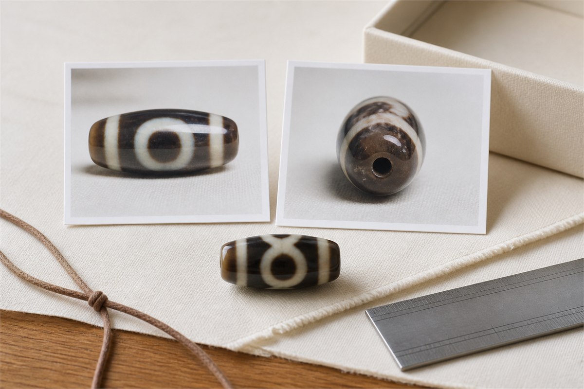 Modern patterned agate bead shown with neutral-angle photographs, cord, box, and a ruler