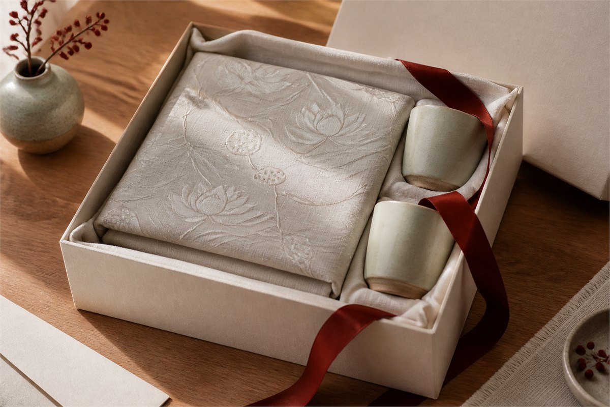 Ivory gift box with lotus-woven textile, two ceramic cups, and a burgundy ribbon