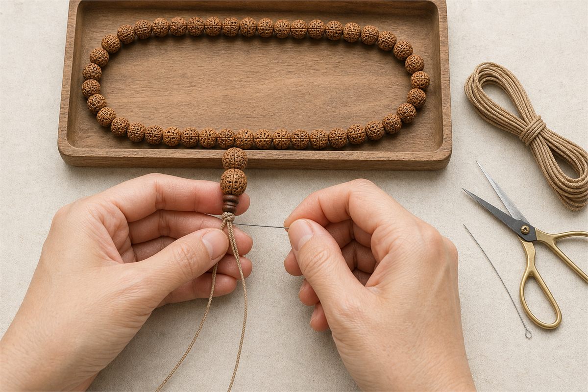 Hands restringing Bodhi seed beads in order with neutral cord, scissors, and a threading wire