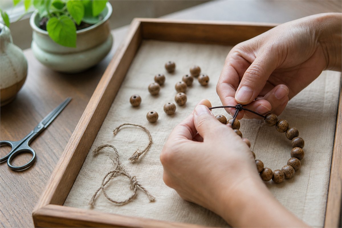 Hands restring smooth wooden beads on fresh cord above a shallow tray that catches small parts.
