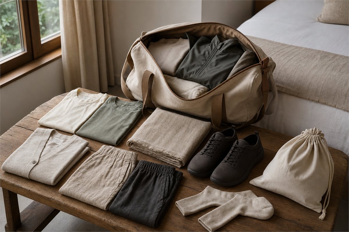 Open canvas bag with relaxed tops, trousers, cardigan, shawl, socks, walking shoes, and a laundry pouch