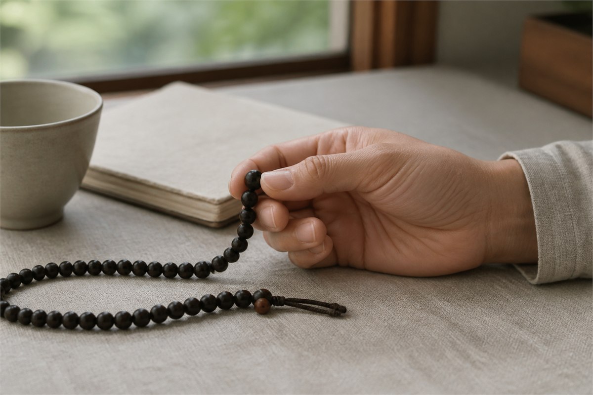 Adult hand pausing with one dark wooden bead beside a blank notebook and ceramic cup