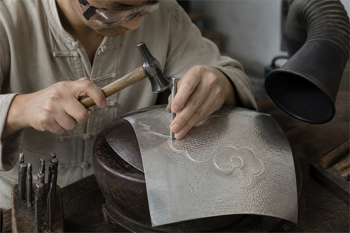 Artisan in eye protection guiding a chasing punch across a supported curved silver sheet beneath local ventilation