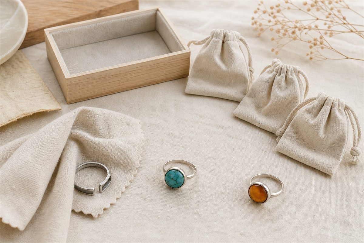 Silver-toned, turquoise, and amber rings with a soft cloth, fabric pouches, and a dry lined storage box