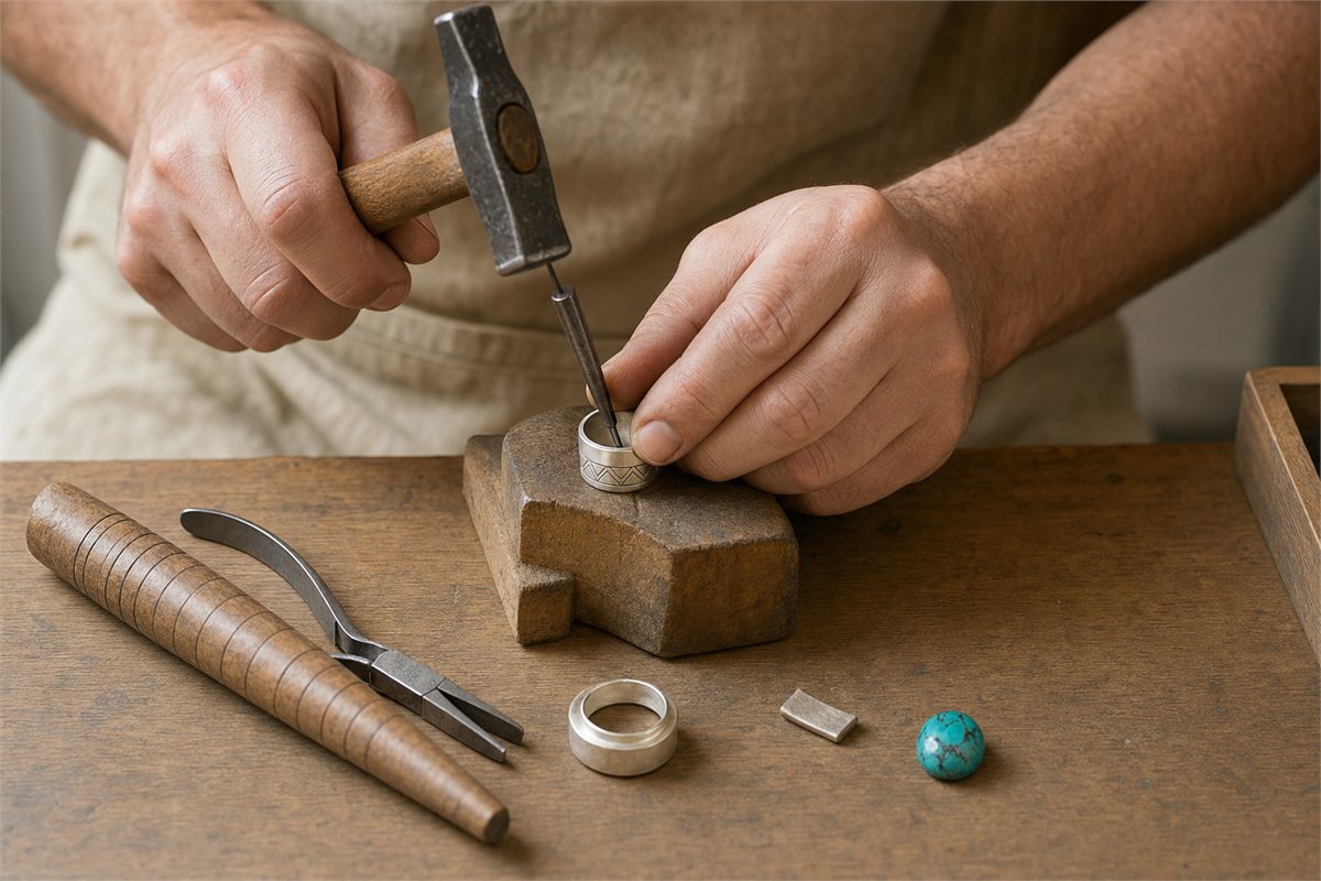 Jeweler using a chasing tool on a silver-toned ring beside a mandrel, pliers, bezel part, and turquoise cabochon