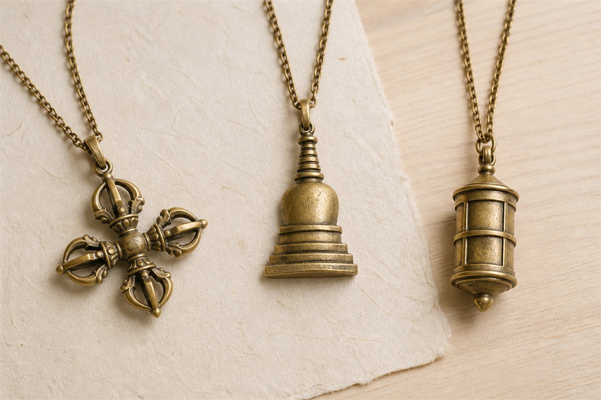 Three separate aged-brass pendants inspired by a crossed vajra, stupa, and fixed cylindrical wheel form